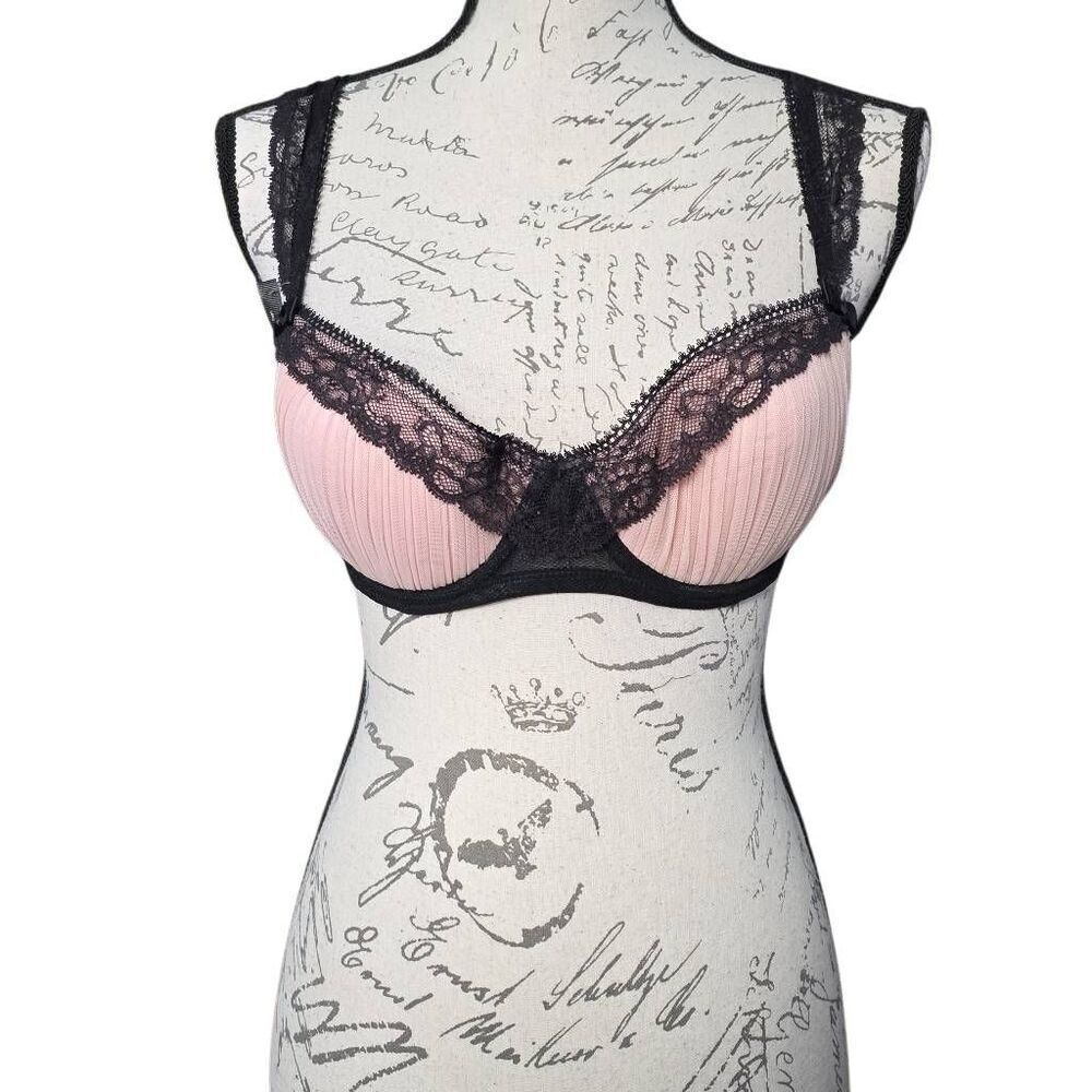 Etam Women's Size 36C Pink Black Mesh Lace Molded Underwire Bra